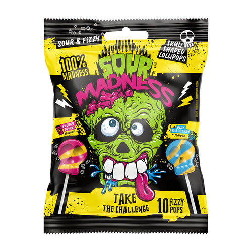 Sour Madness Skull Pops Lollies lollipop package with a cartoon character on a white background