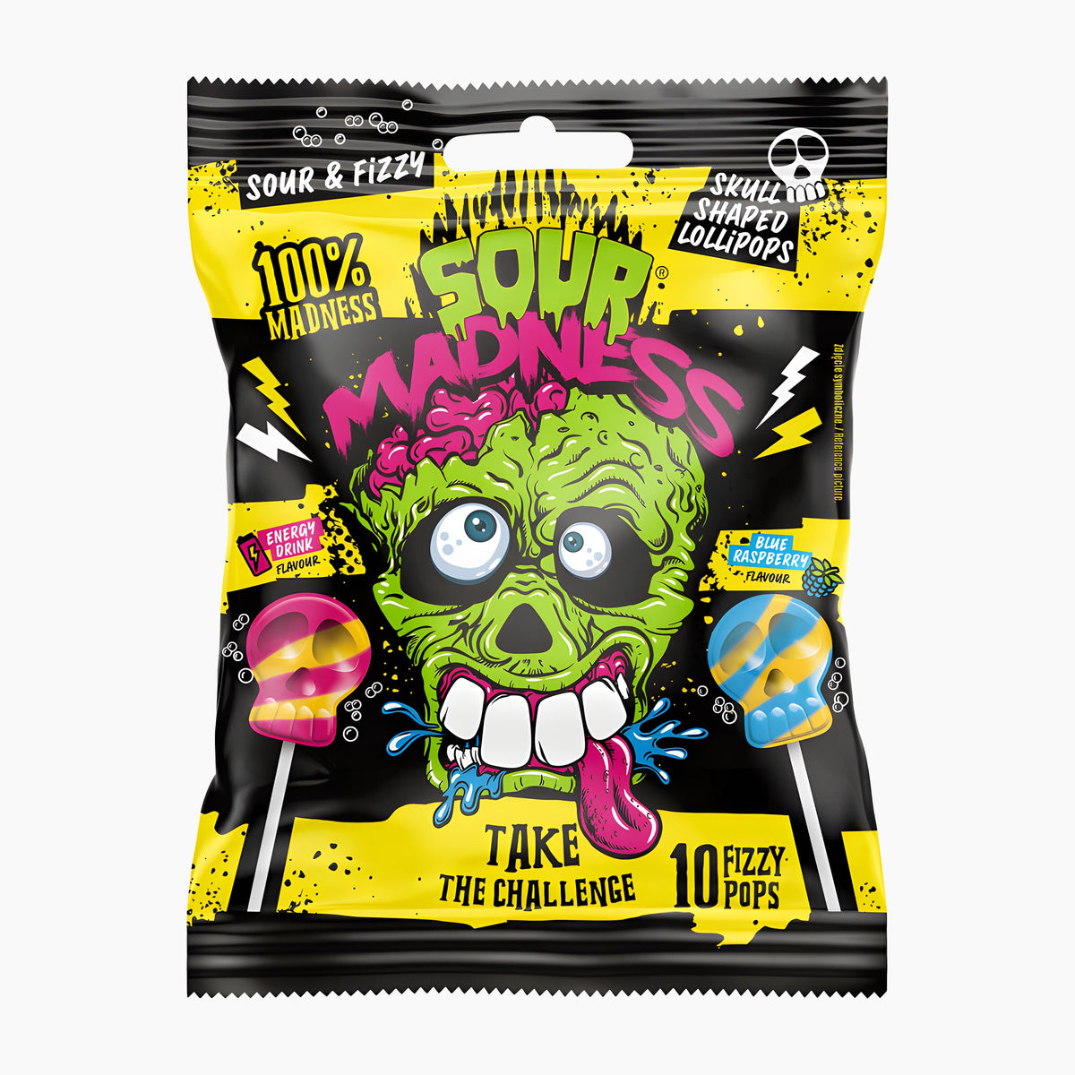 A bag of Sour Madness Skull Pops Lollies, featuring a bold black and yellow packaging design with a green zombie face illustration and illustrations of pink and blue lollipops.