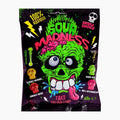 A bag of Sour Madness hard candy, featuring a large green zombie skull graphic with blue eyes and pink tongue on a black background with neon text and candy flavor labels.