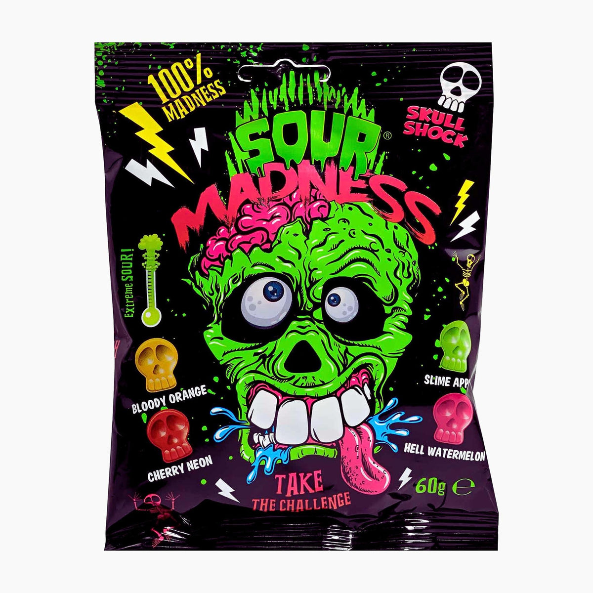 A bag of Sour Madness hard candy, featuring a large green zombie skull graphic with blue eyes and pink tongue on a black background with neon text and candy flavor labels.