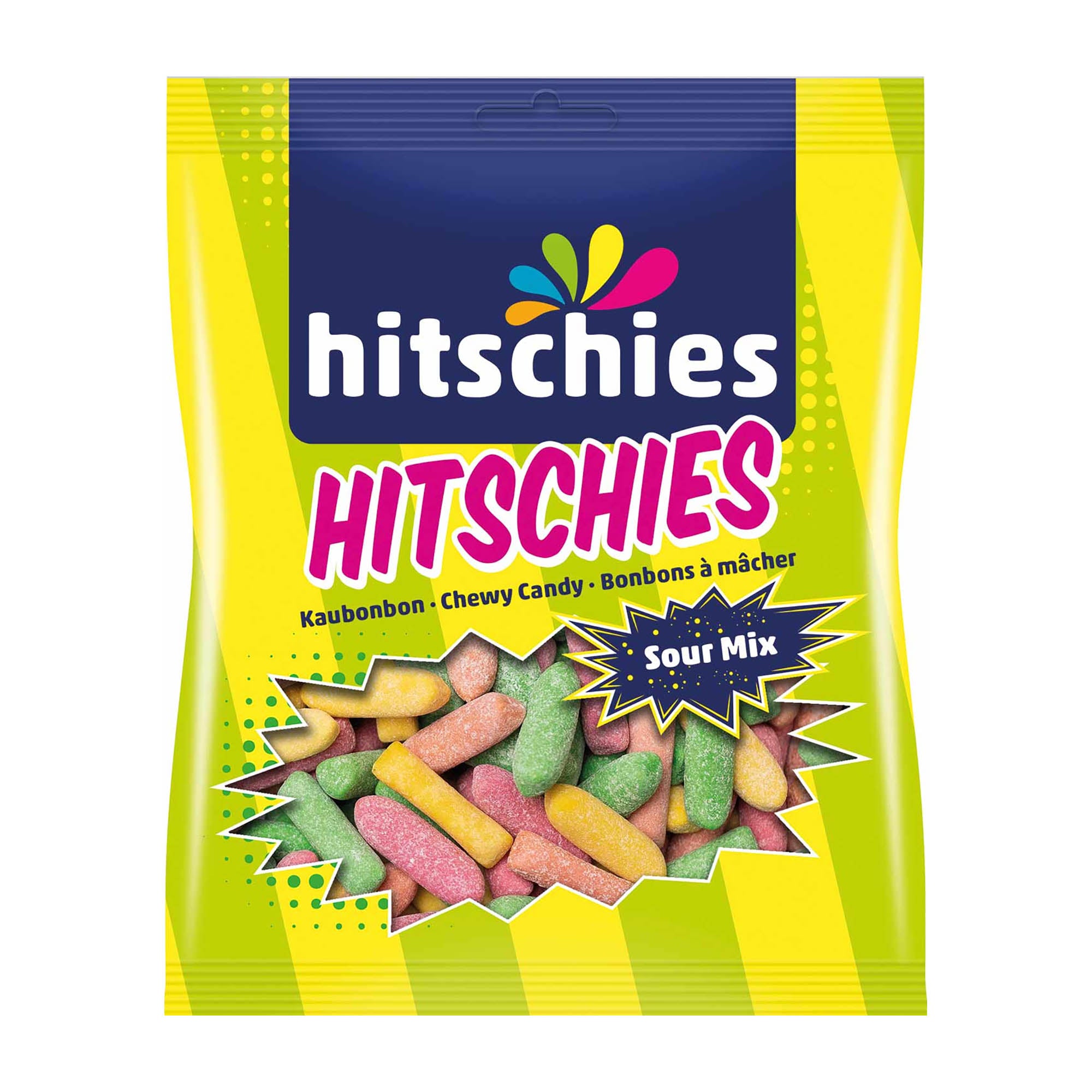 A package of hitschies sour mix chewy candy, featuring colorful chewy candies visible through a transparent window on the bag.