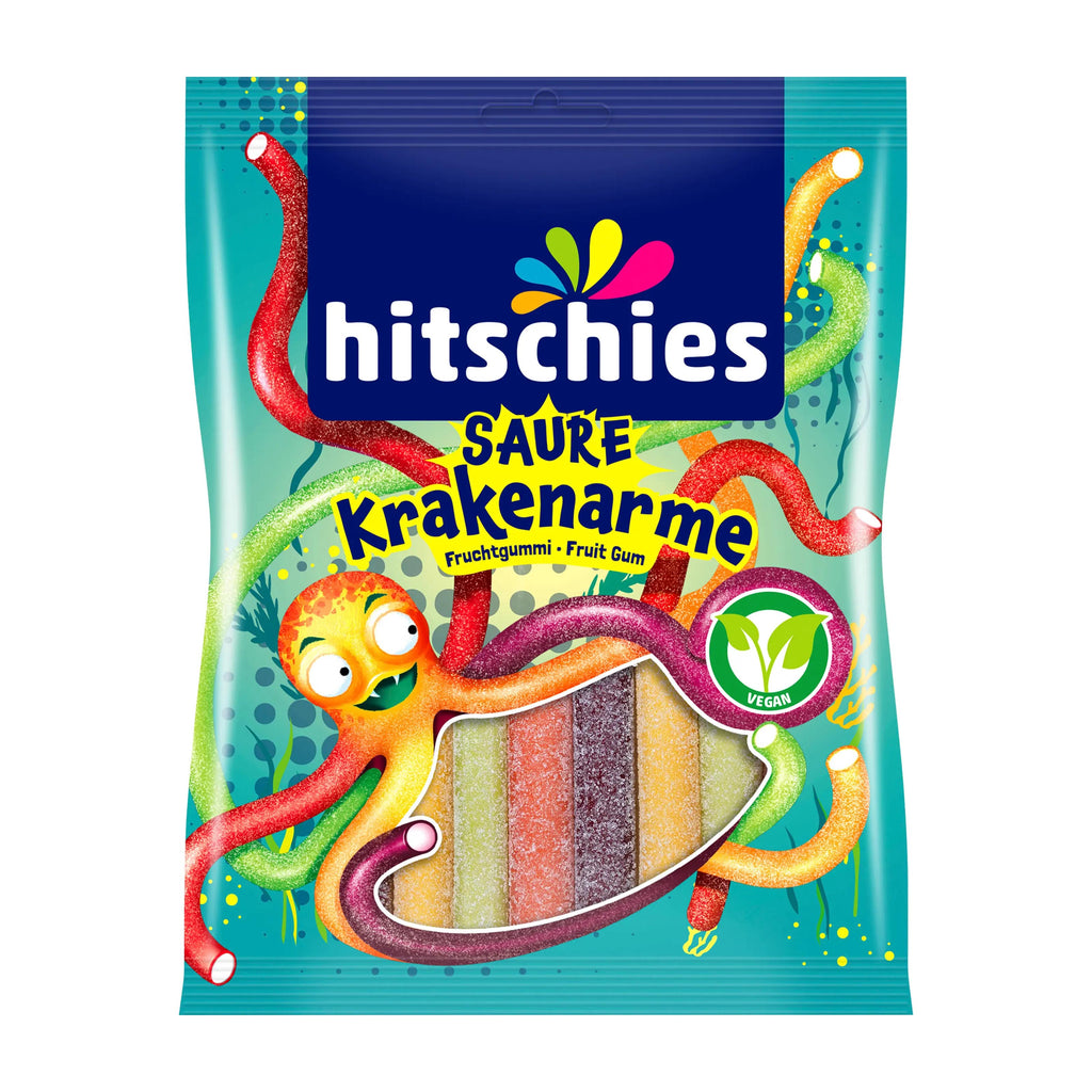 Packaging of hitschies Sour Octopus Arms  gummy candy with colorful design and text.