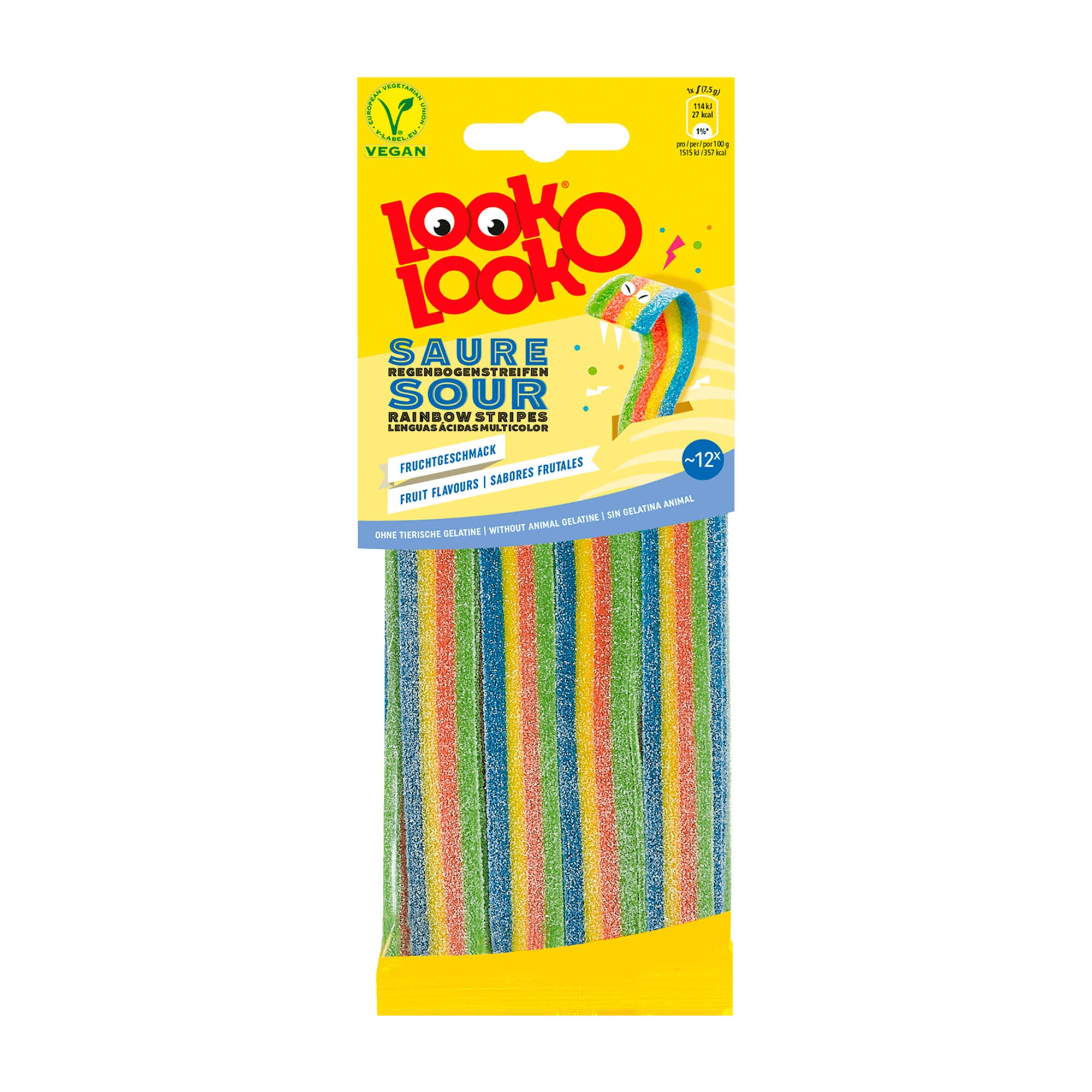 Packaging of Look-O-Look Sour Stripes Rainbow Fruit Gummy, displaying the product in a striped pattern with different colors and the vegan label visible.