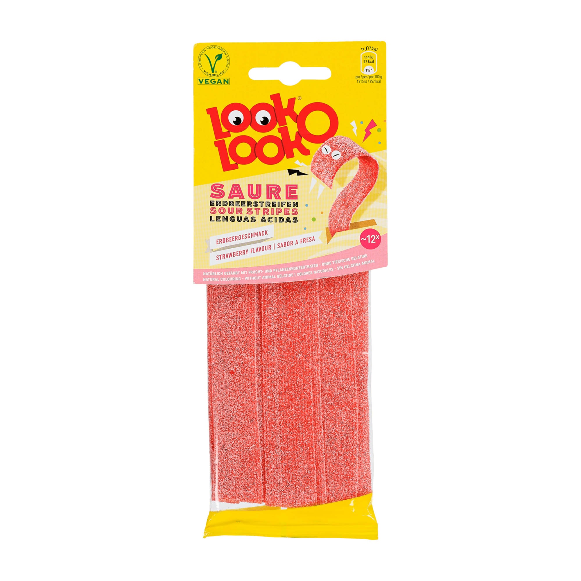 Packaging of Look-O-Look Sour Stripes Strawberry, showing the product in a clear plastic pouch with a yellow and red design, and a label with product information.