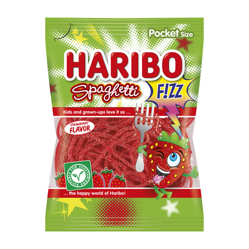 Haribo Spaghetti Fizz strawberry flavor candy on a white background
