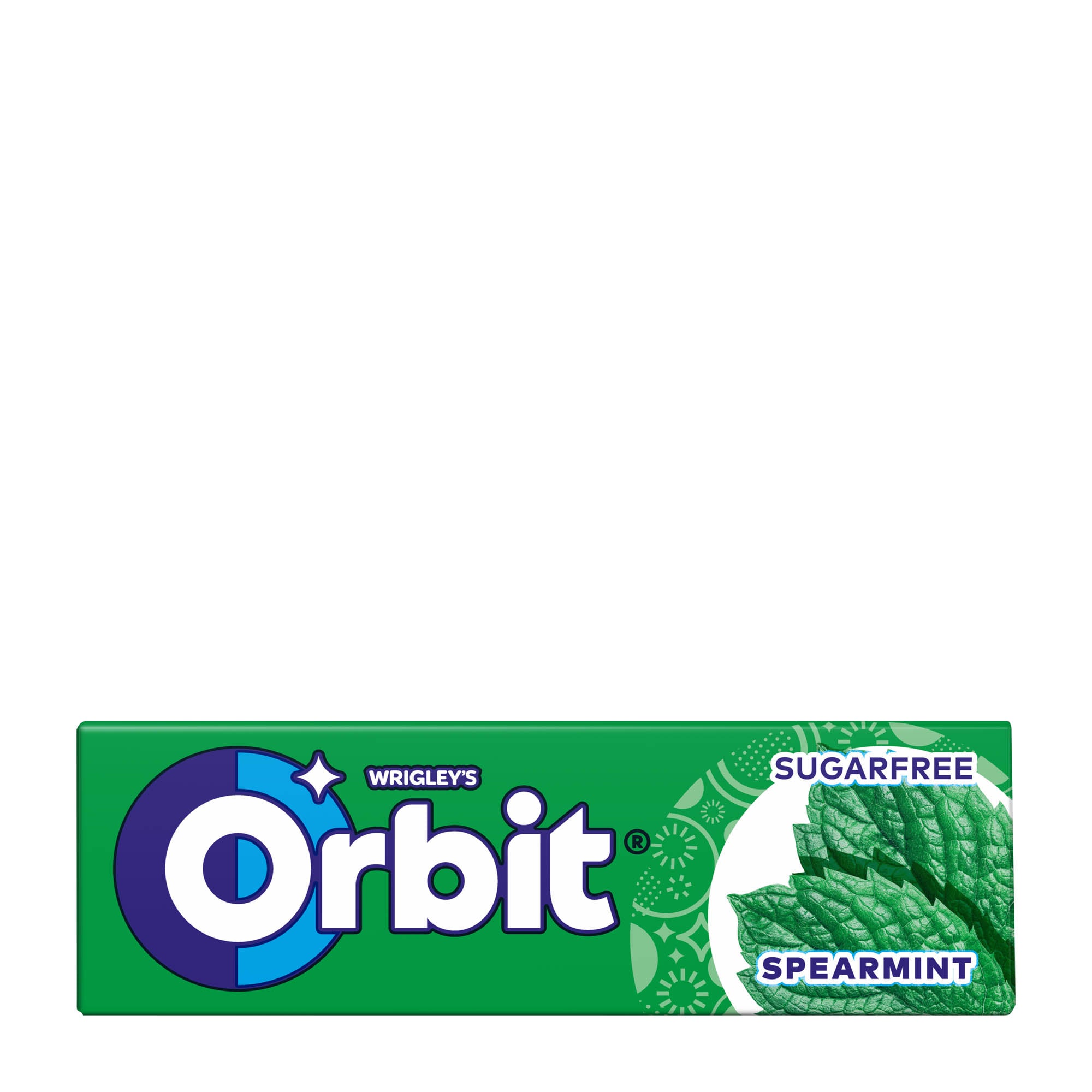Packaging of Orbit Spearmint chewing gum, indicating the flavor and sugar-free characteristic.