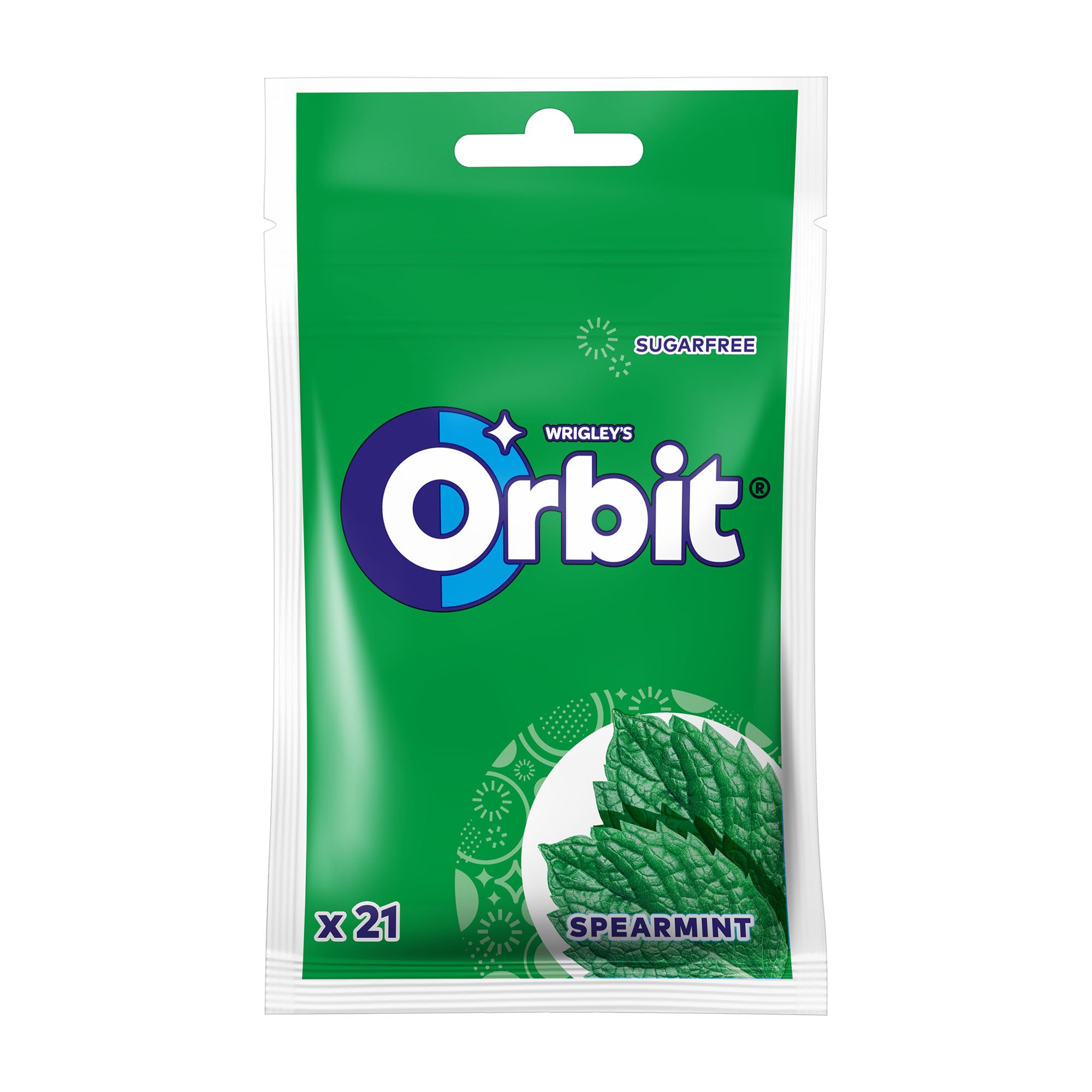 Packaging of Orbit Spearmint chewing gum, showing a green background with the Orbit logo and the text 'Spearmint' indicating the flavor, with a count of 21 pieces.