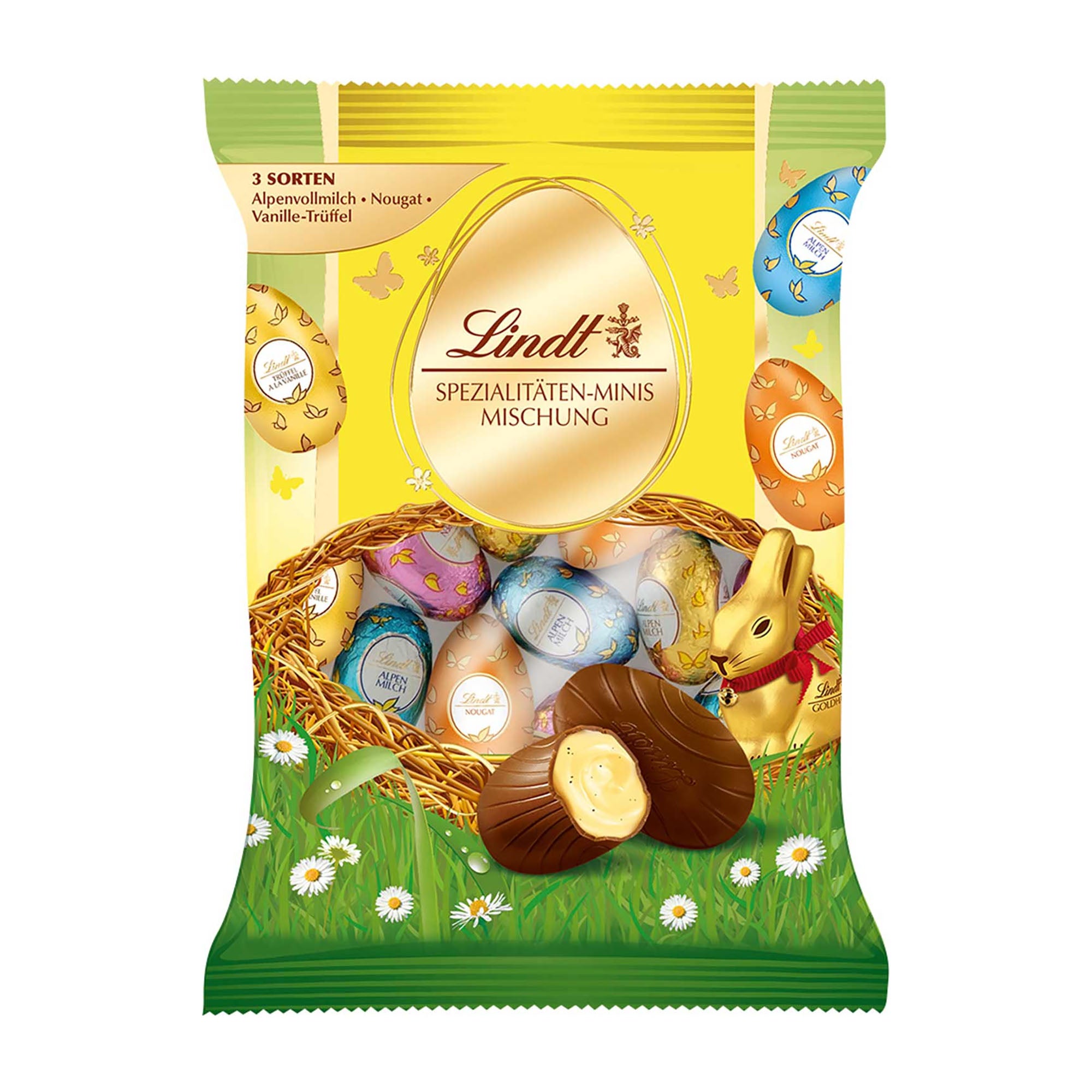 Lindt Specialty Mini Eggs Mix packaging on a white background.