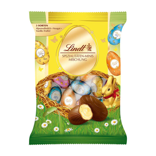Lindt Specialty Mini Eggs Mix packaging on a white background.