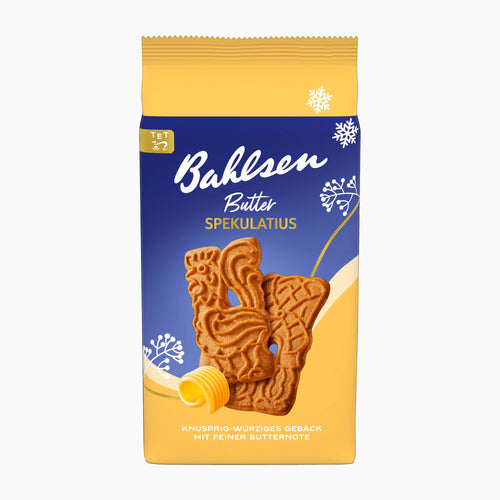 A package of Bahlsen Butter Spekulatius Speculoos cookies, featuring a yellow and blue design with illustrations of the decorated cookies and a snowflake motif, set against a plain white background.