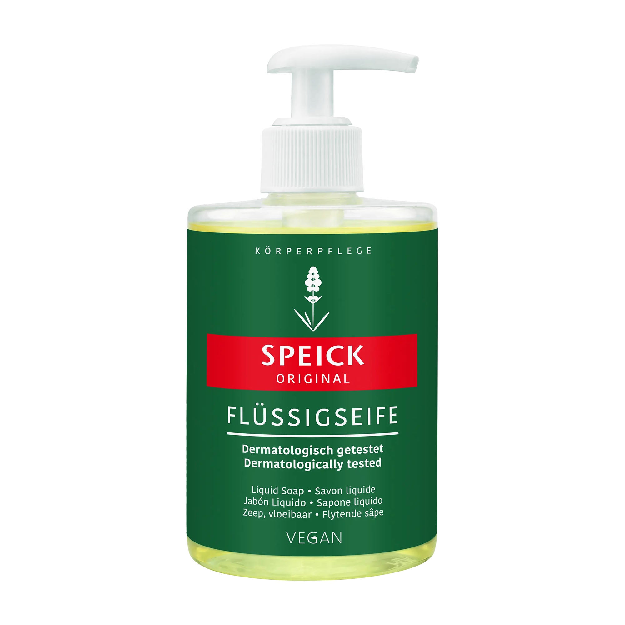 Speick liquid soap bottle with green label on a white background
