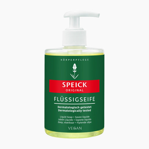 A bottle of Speick Original Liquid Soap with a white pump dispenser and a dark green label featuring a red accent bar. The soap inside is a pale yellow-green color, visible through the clear bottle against a clean white background.