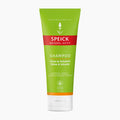 A tube of Speick Natural Aktiv Shine & Volume Shampoo on a clean white background. The tube is lime green with a bold red band across the middle containing the white Speick brand logo, and a small orange accent band near the bottom.