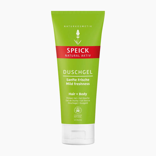 Speick Natural Aktiv Mild Freshness Shower Gel for Hair + Body in a bright green squeeze tube with a red brand band and white cap, shown on a light gray background.