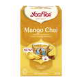 Yogi Tea Mango Chai tea box with tea cup and ingredients on a white background