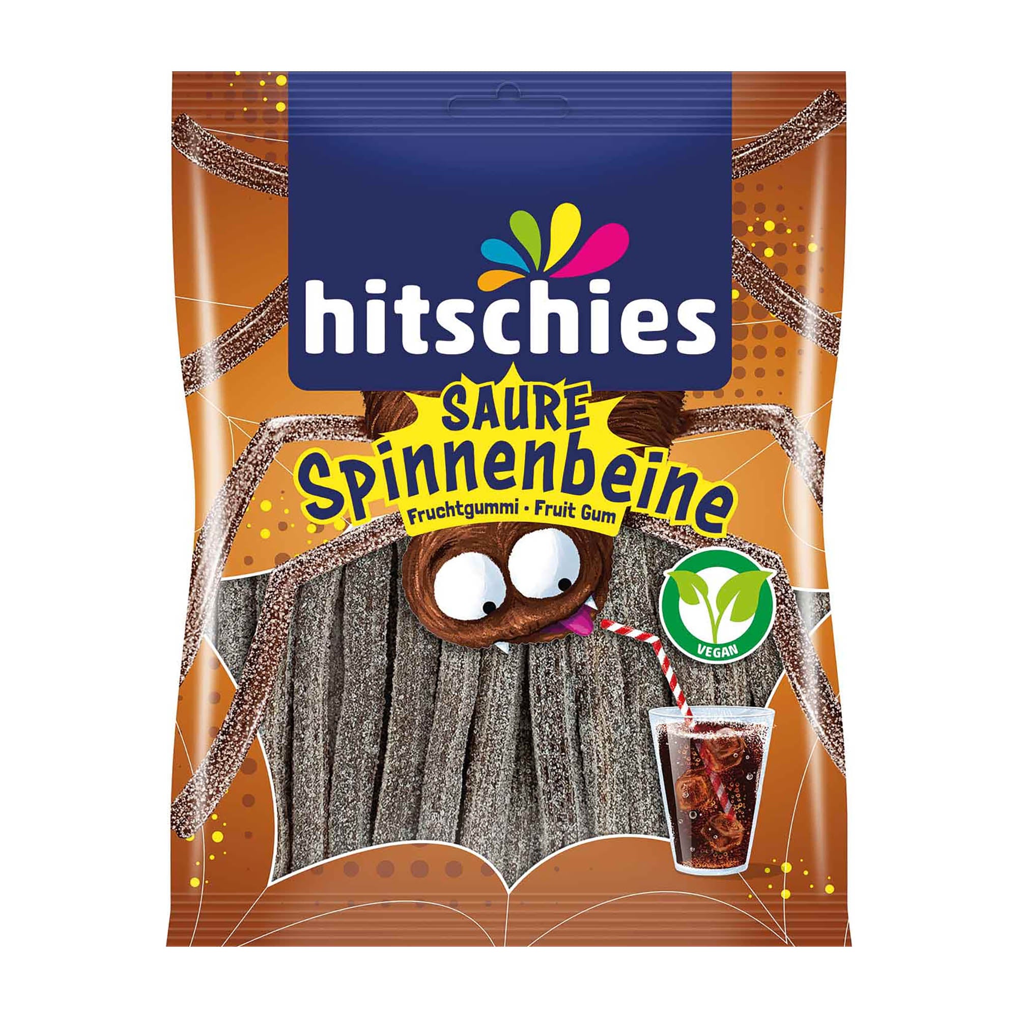 Packaging of hitschies Sour Spider Legs cola, showing the product name and an image of the gummy candy, with a glass of cola in the background.