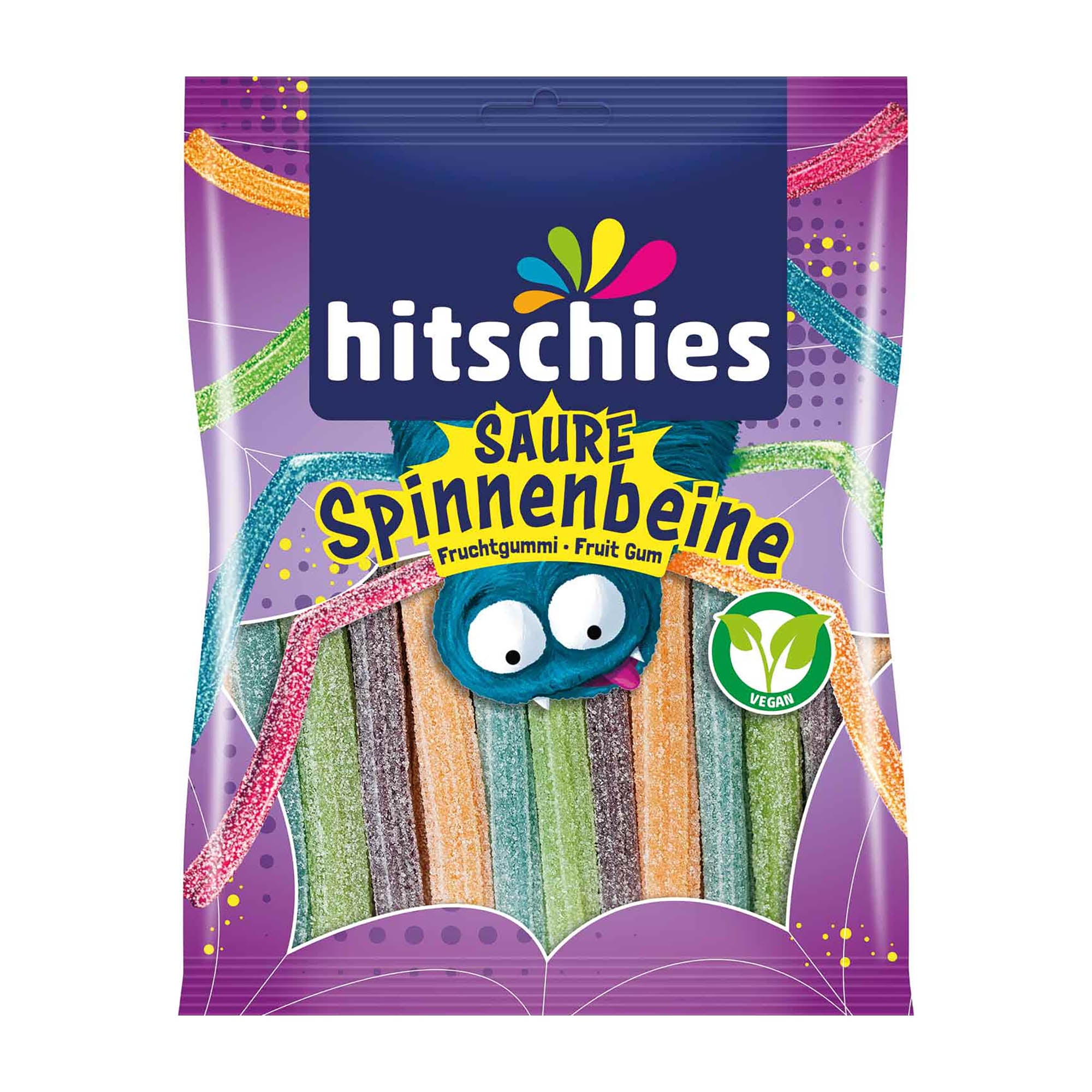 A package of hitschies Sour Spider Legs mix, featuring colorful gummy sticks in a purple bag with spider graphics.