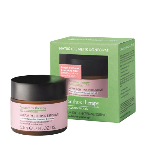 Spilanthox therapy Rich Hyper-Sensitive Face Cream box and glass container on a white background.