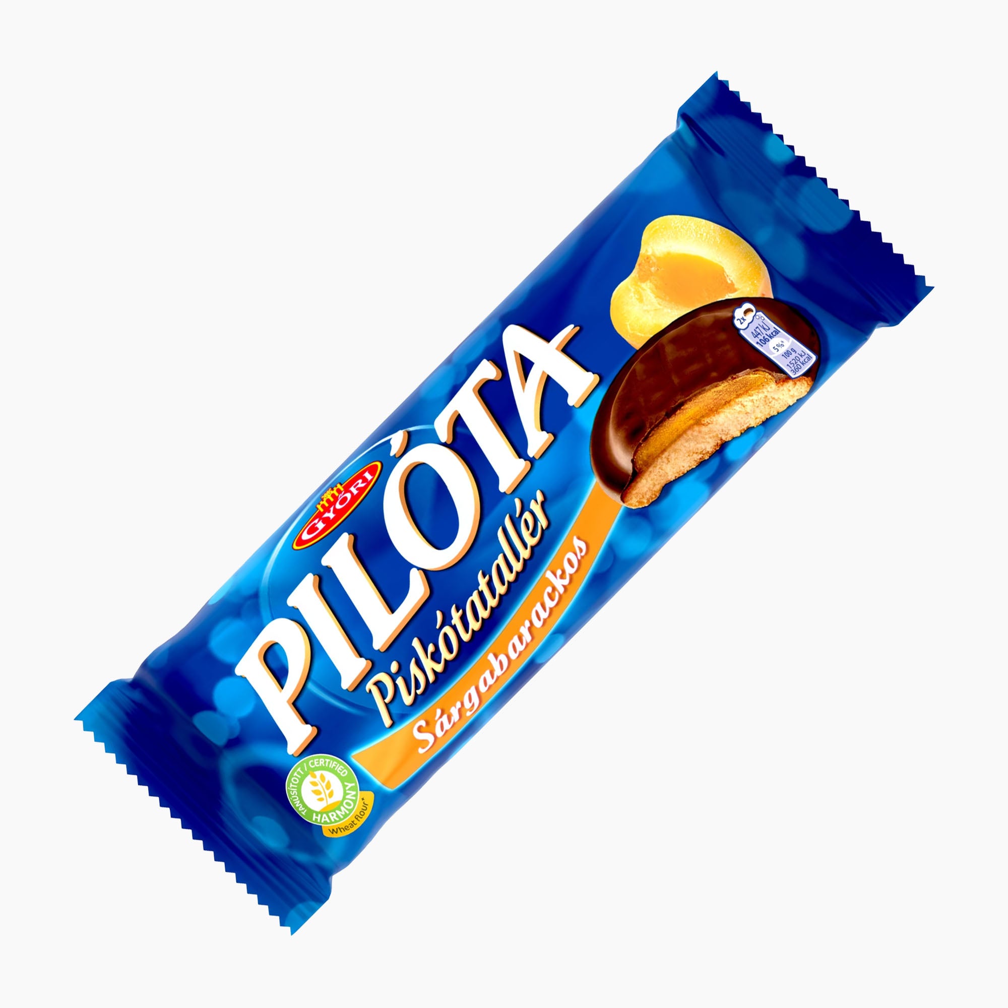 A single wrapped Győri Pilóta Apricot Jelly sponge cake rounds, in its blue wrapper with white and orange lettering, shown on a plain white background.