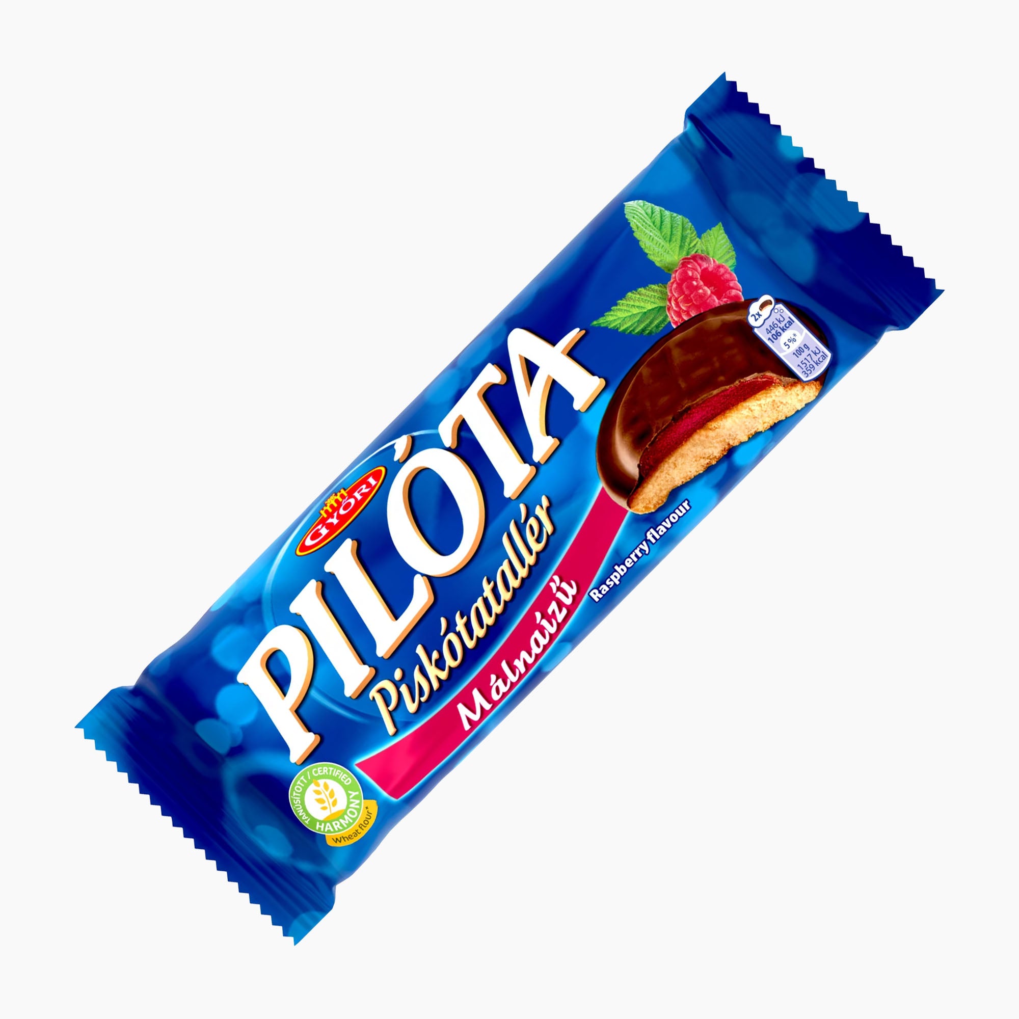 A single wrapped Győri Pilóta Raspberry Jelly sponge cake rounds on a plain white background. The blue wrapper features white and red lettering and an illustration of a chocolate-covered raspberry pastry.