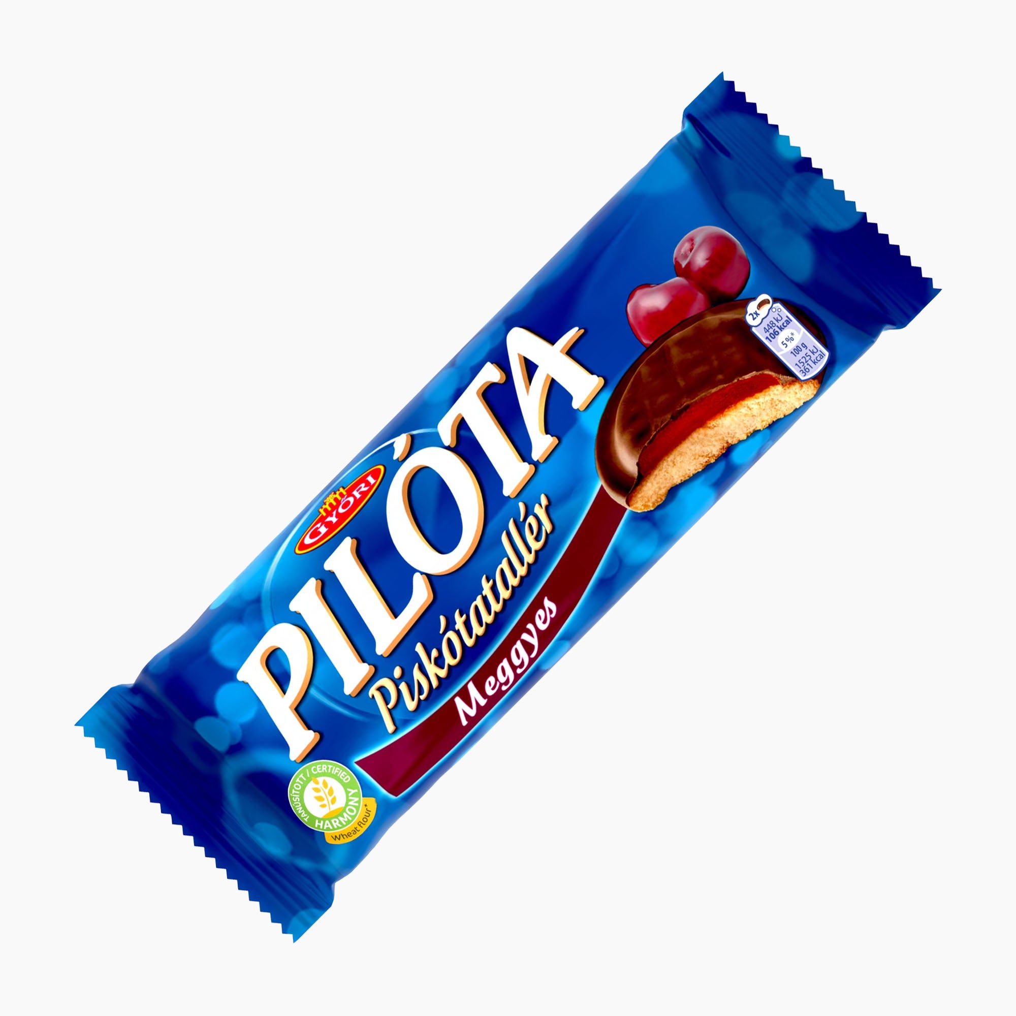 A single wrapped Győri Pilóta Sour Cherry Jelly sponge cake rounds, shown diagonally on a plain white background. The packaging is predominantly blue with white and red lettering, and an illustration of the chocolate-covered cookie with red berries.