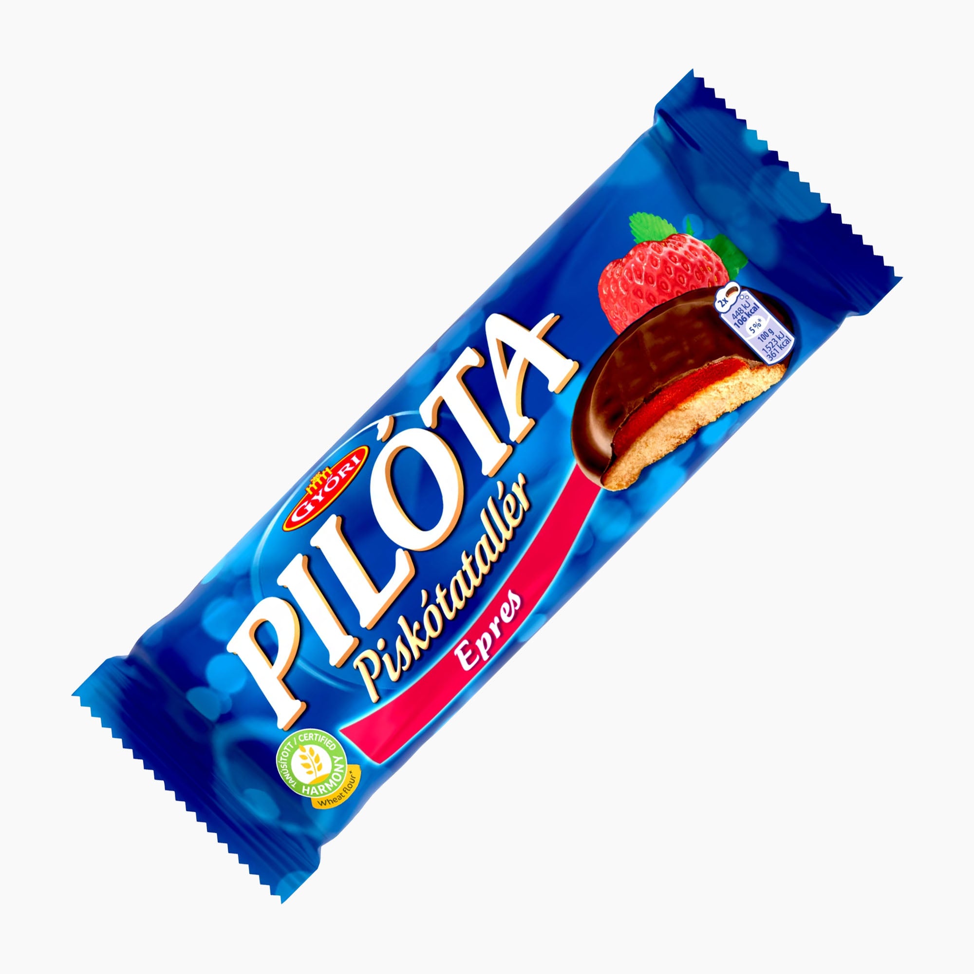 A single wrapped Győri Pilóta Strawberry Jelly sponge cake rounds in a blue wrapper with white and red lettering, shown on a plain white background.