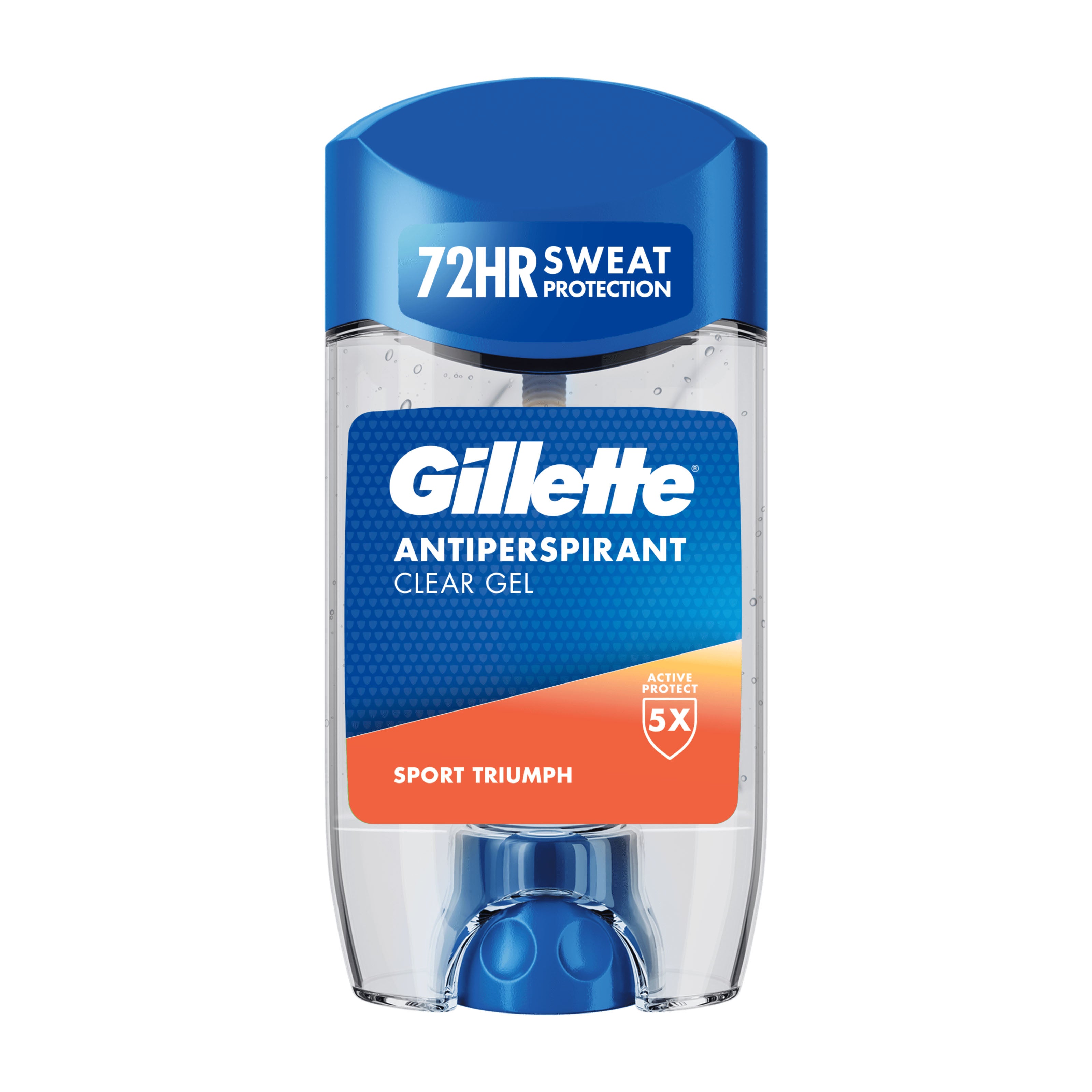 Gillette Sport Triumph antiperspirant clear gel stick with blue and orange design on a white background