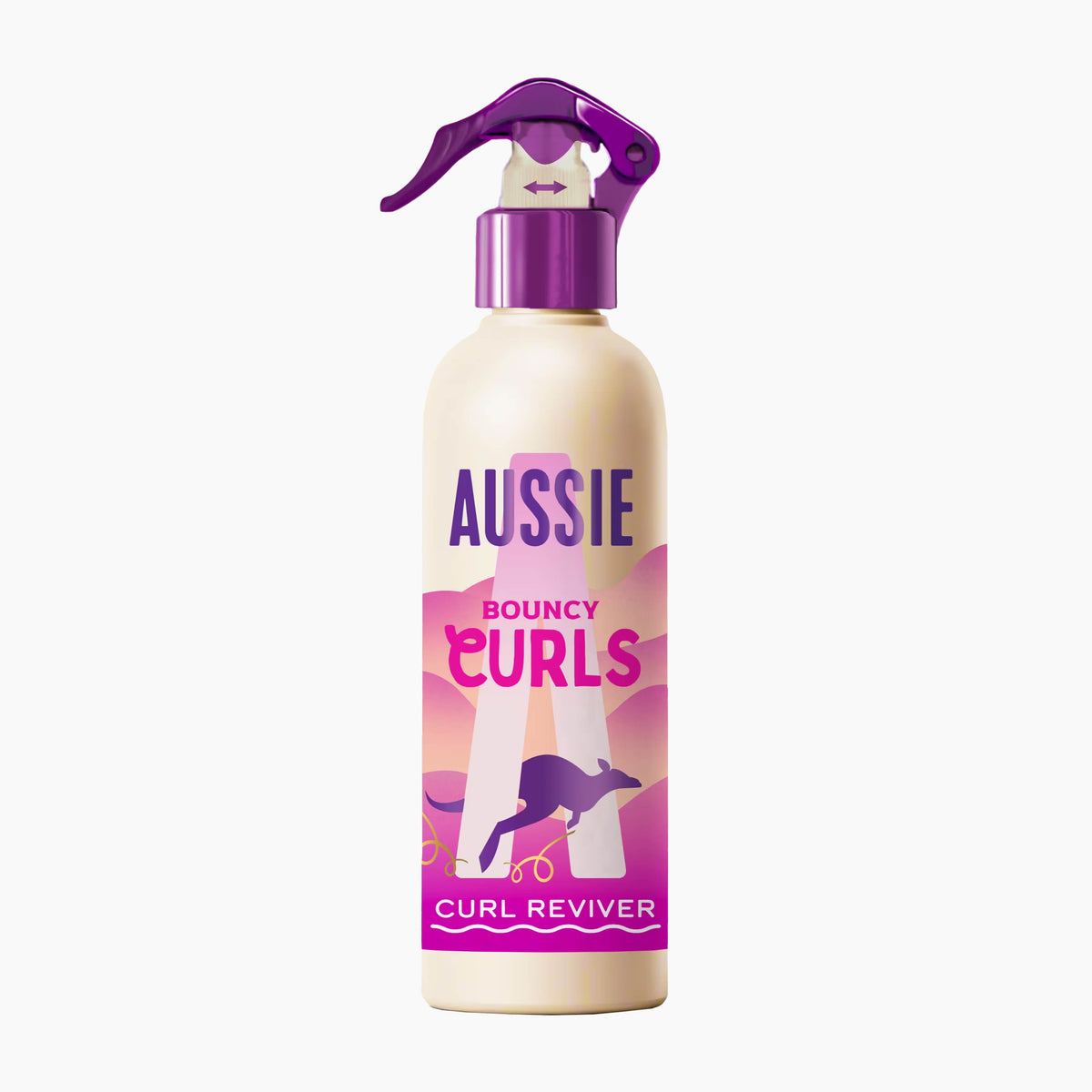 A bottle of Aussie Bouncy Curls 2nd Day Curl Reviver hair styling spray, featuring a cream-colored bottle with a purple trigger spray top and a pink and purple label.