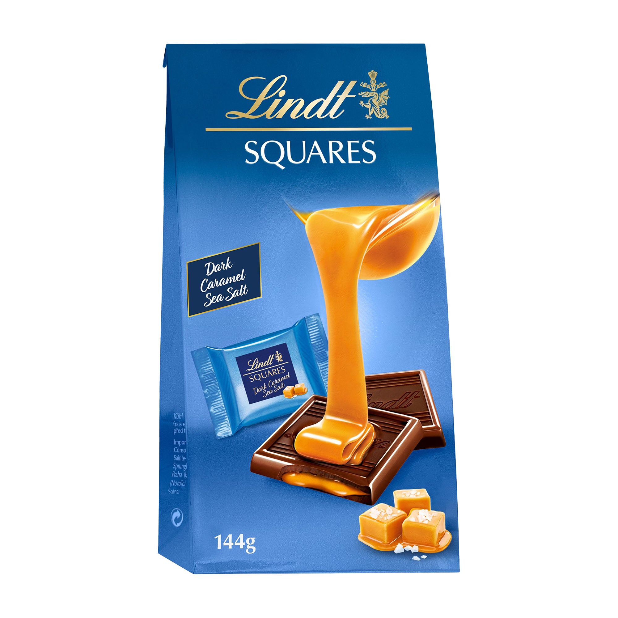 Packaging of Lindt Squares caramel sea salt dark chocolate, showing a chocolate square with caramel and sea salt, and the weight of 144g.