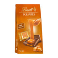 Packaging of Lindt Squares caramel milk chocolate, showing a chocolate square with caramel, the text 'Squares' and the weight '144g'.