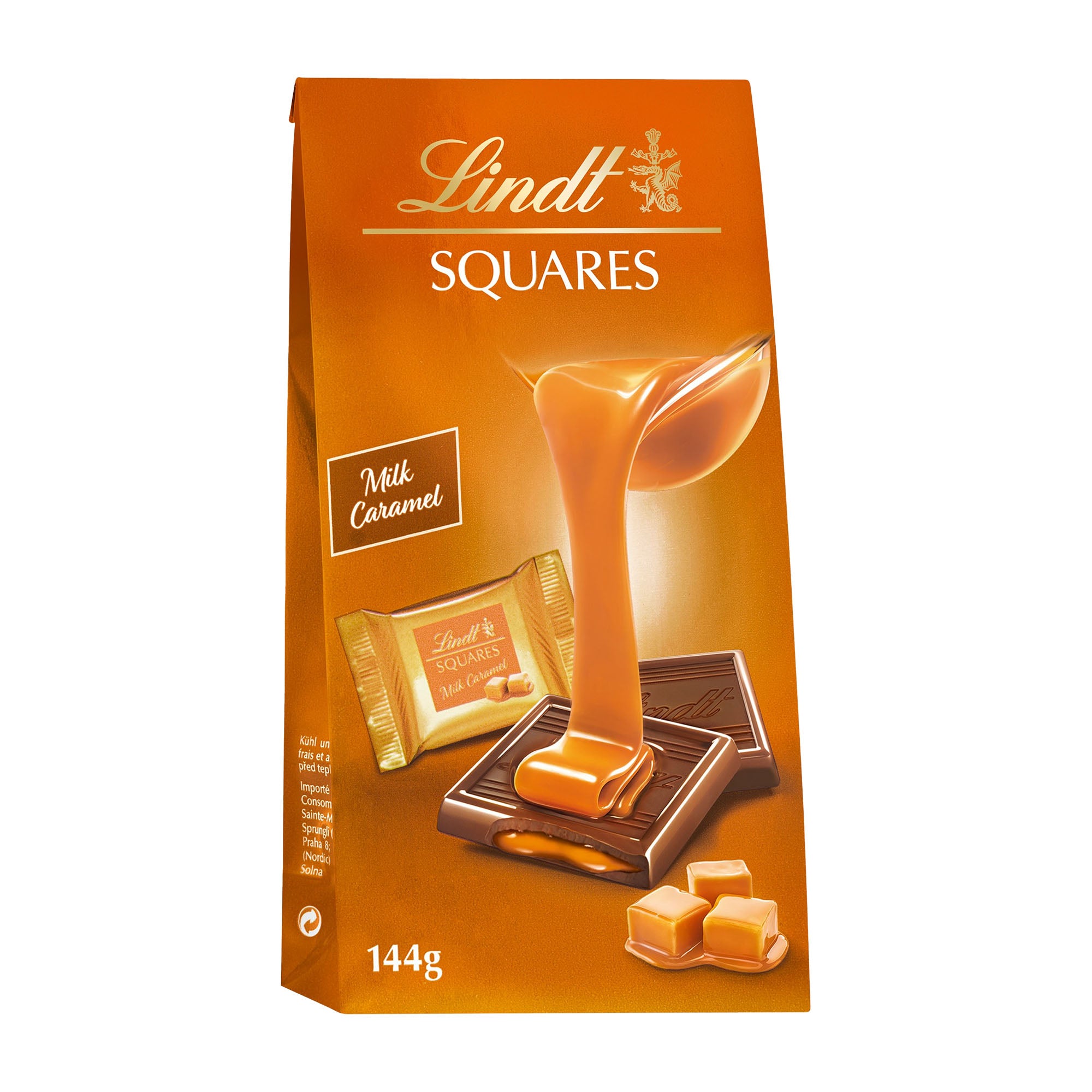 Packaging of Lindt Squares caramel milk chocolate, showing a chocolate square with caramel, the text 'Squares' and the weight '144g'.