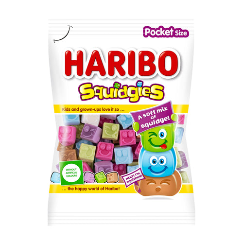 Haribo Squidgies candy package with colorful gummy characters on a white background