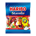 A package of Haribo Starmix featuring various colorful gummy candies and a graphic of a yellow character on a blue background.