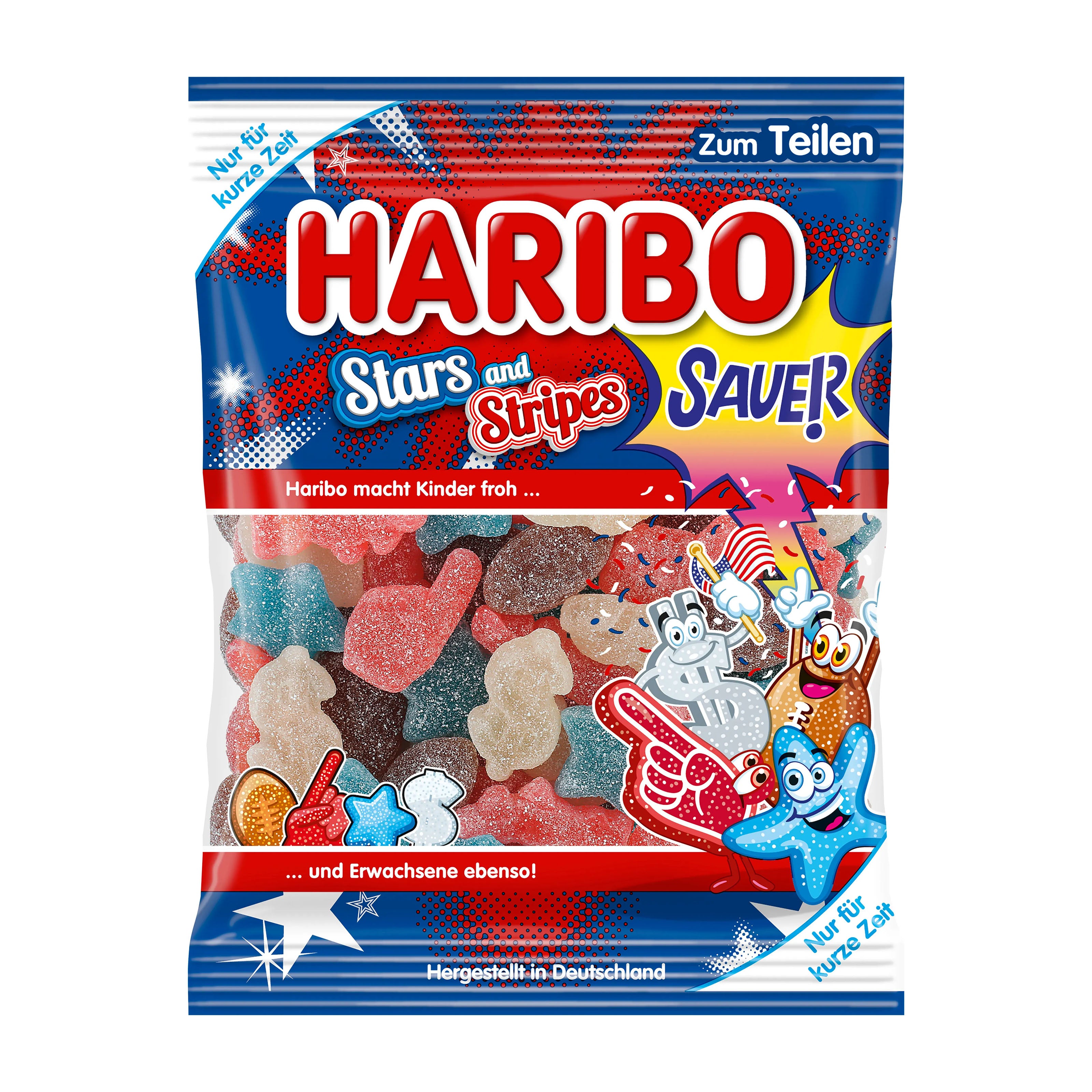 Haribo Stars and Stripes Sour gummy candy package on a white background