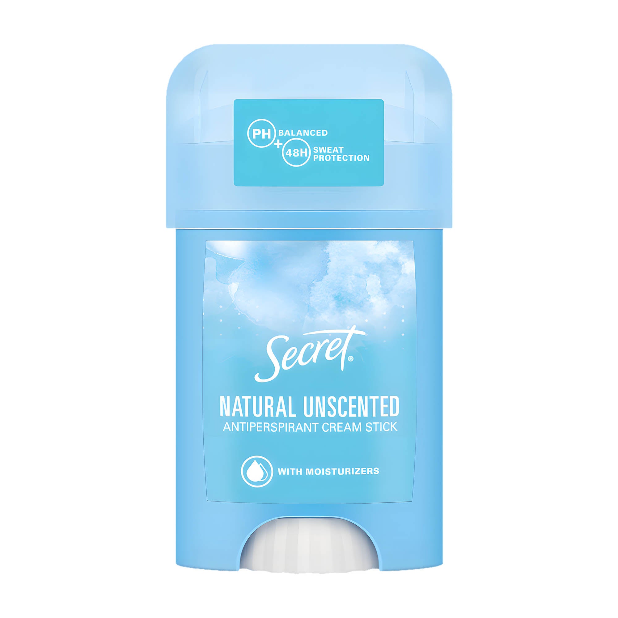 A packaging of Secret natural unscented antiperspirant cream stick in white background