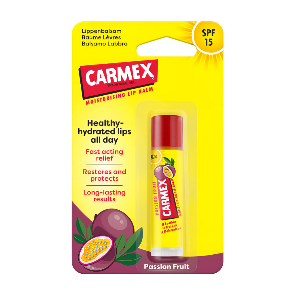 Carmex Passion Fruit lip balm stick packaging on a yellow background