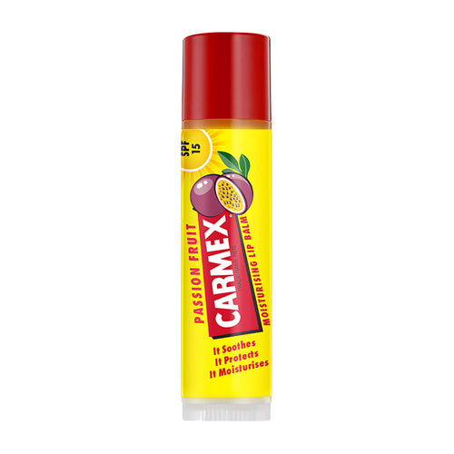Carmex passion fruit lip balm stick on a white background
