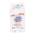 Deodorant stick with white packaging, labeled 'Lady Speed Stick Zero%', indicating 48 hour odor protection, 0% alcohol, and 0% aluminum. The packaging is marked as new and has an image of a coconut, suggesting the fresh coconut scent.