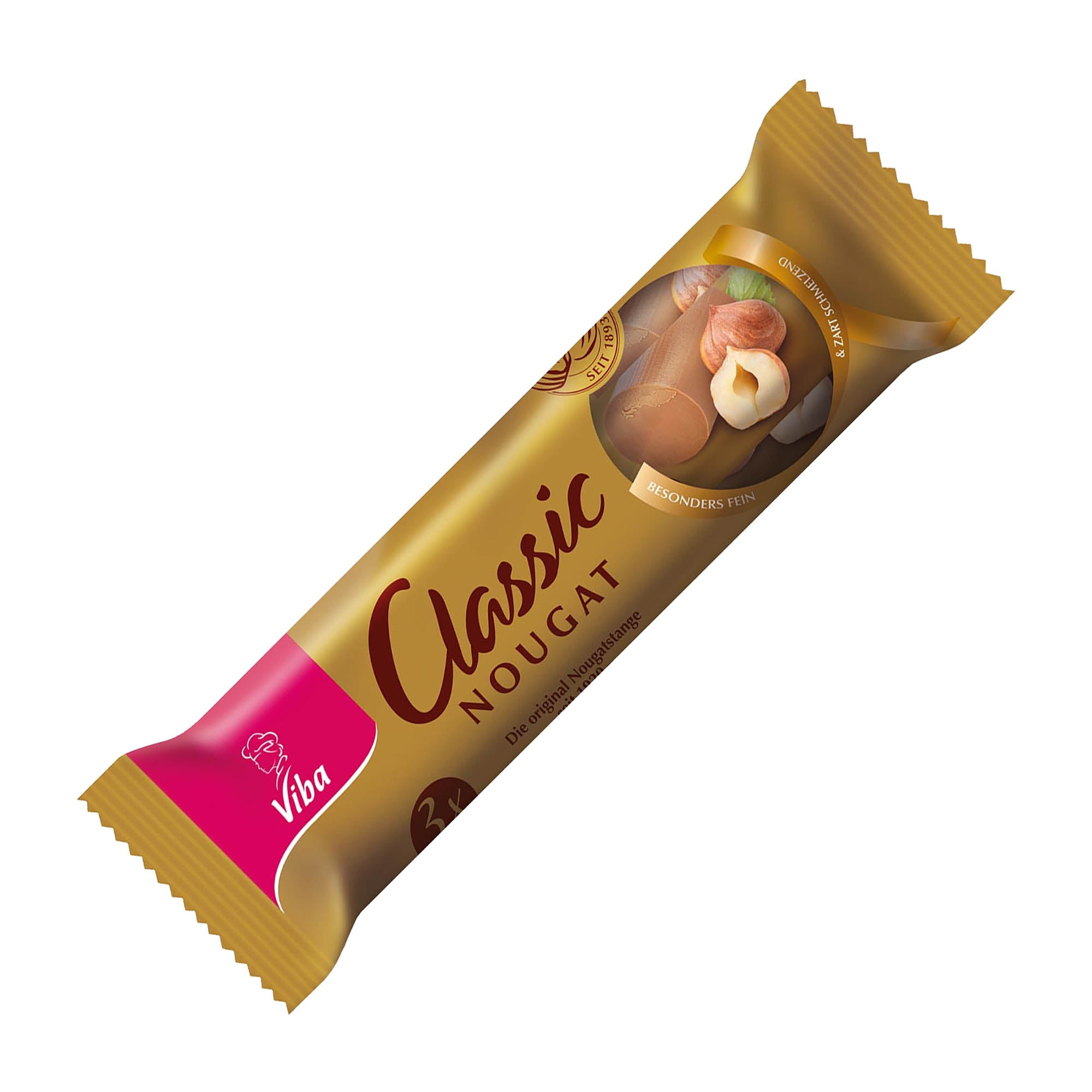 A Viba Classic Nougat stick with a golden-brown packaging, displaying the product name and an image of the nougat filling.