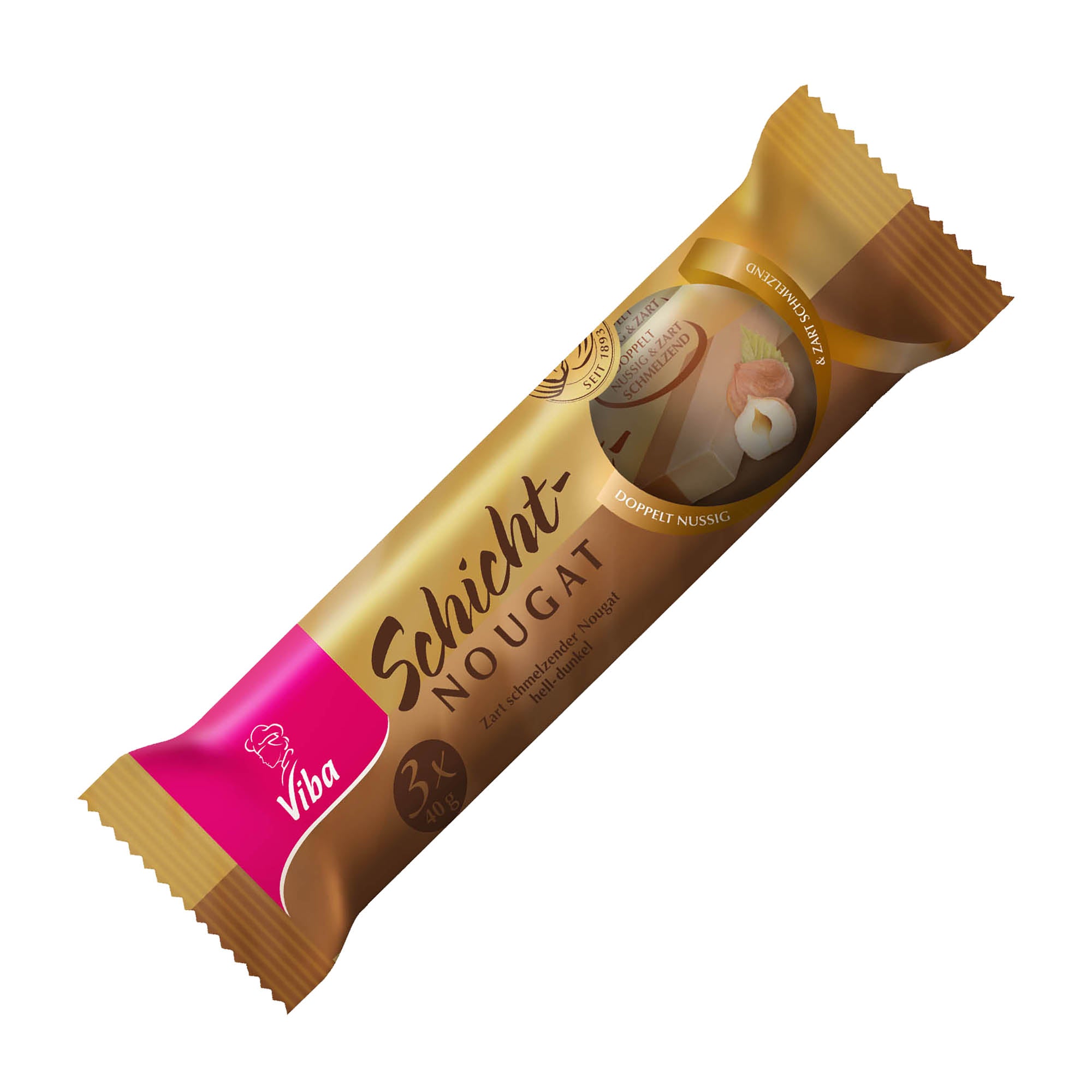 Packaging of Viba Layered Nougat Sticks, showing the product name and a picture of the nougat sticks with a floral design in the background.