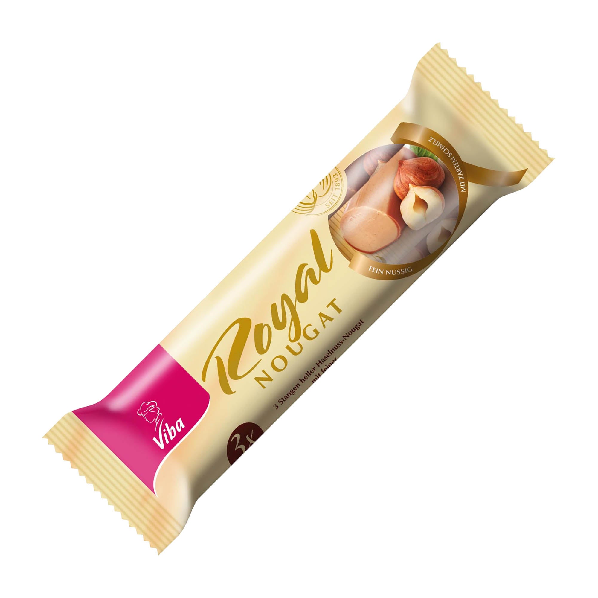 Packaging of Viba Royal Nougat sticks, featuring the product name and image of the nougat sticks with a milk chocolate coating.