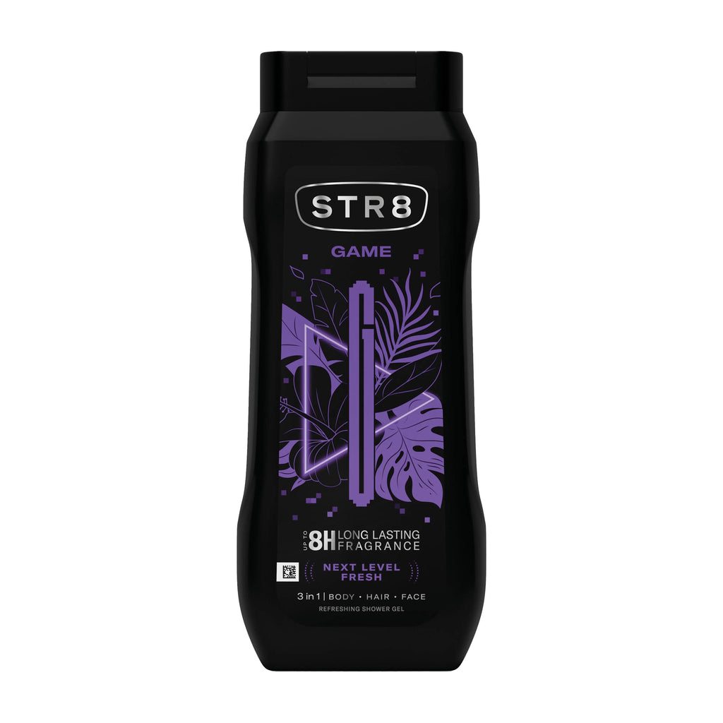 STR8 Game shower gel bottle with purple design on a white background
