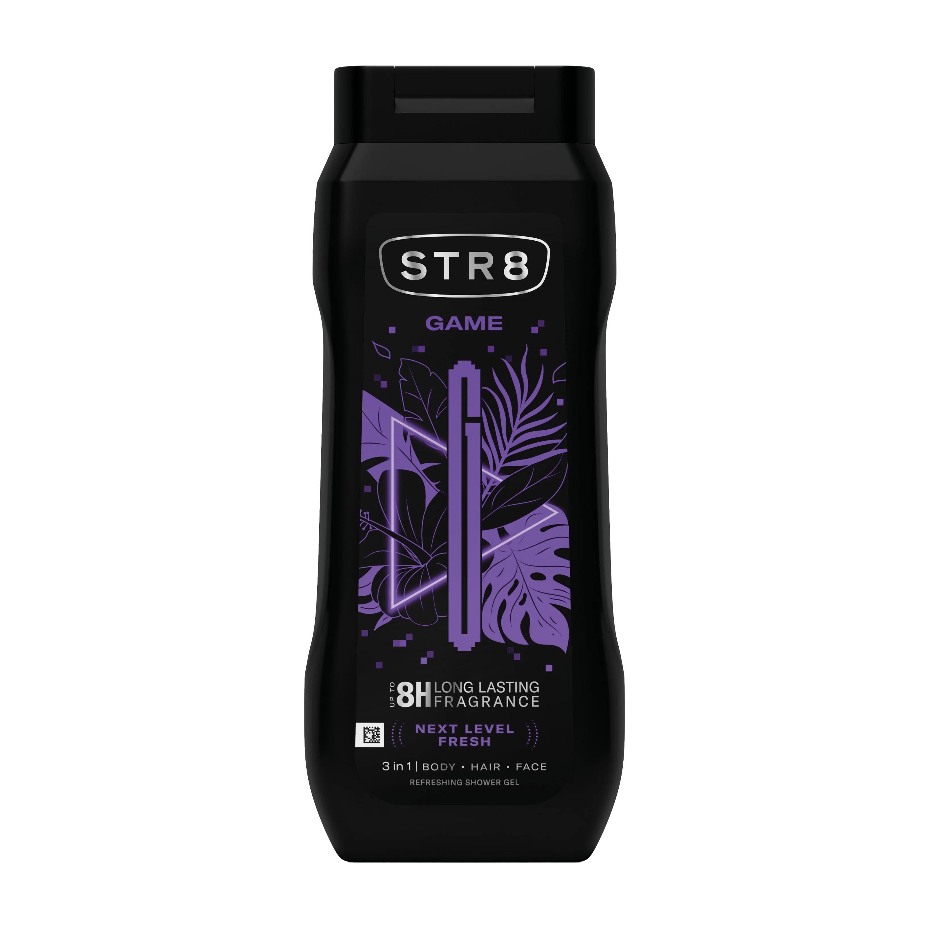 STR8 Game shower gel bottle with purple design on a white background