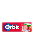 Packaging of Orbit Strawberry Sugarfree Chewing Gum, displaying the brand logo and a picture of a strawberry.