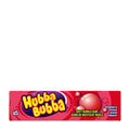 A pack of Hubba Bubba Strawberry chewing gum with five individually wrapped pieces displayed in a red and white box featuring a strawberry image.