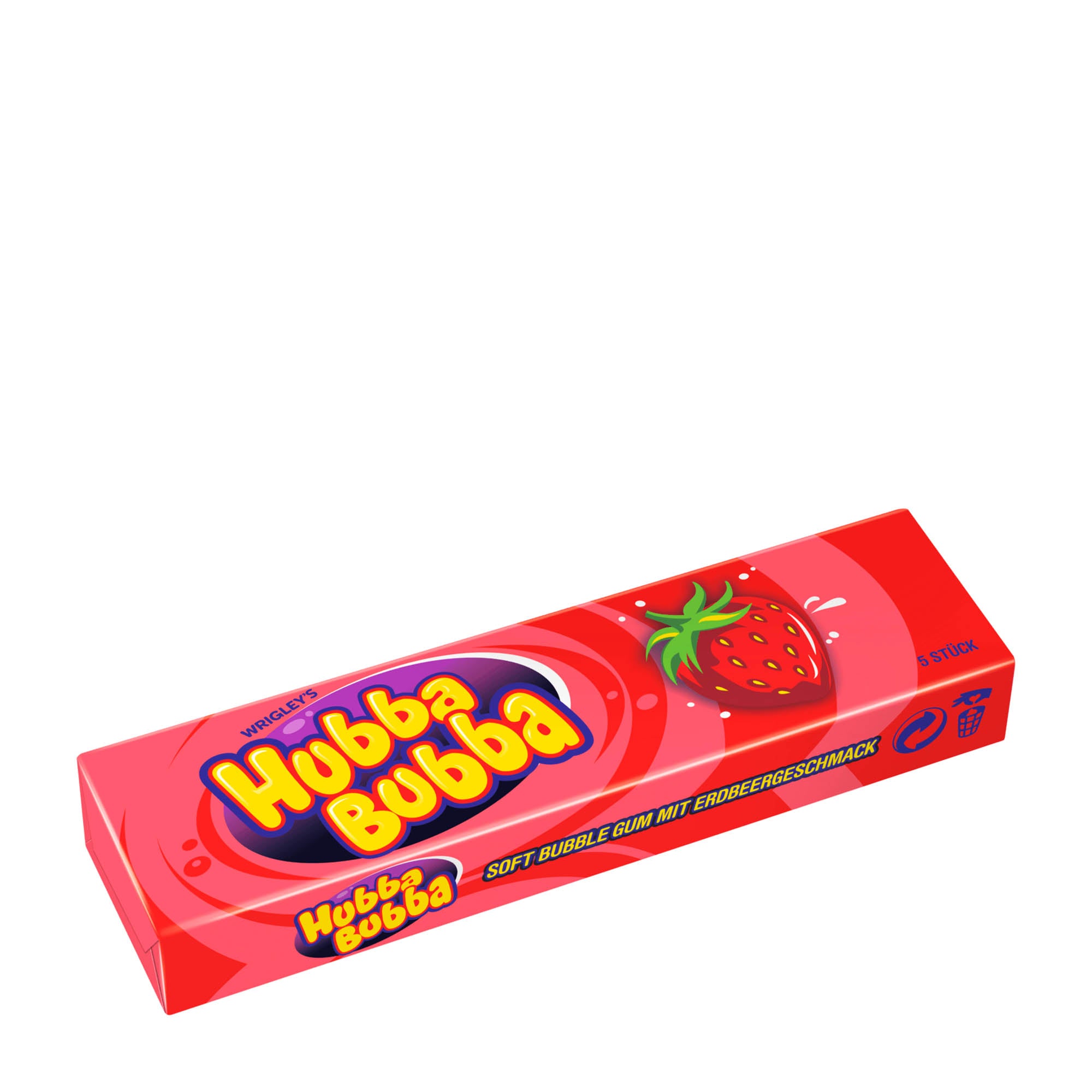 A pack of Hubba Bubba Strawberry chewing gum with five individually wrapped pieces displayed in a red and white box featuring a strawberry image.