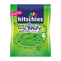 A package of hitschies fruit gummi laces in apple flavor, with a green background and the product visible through a clear window.