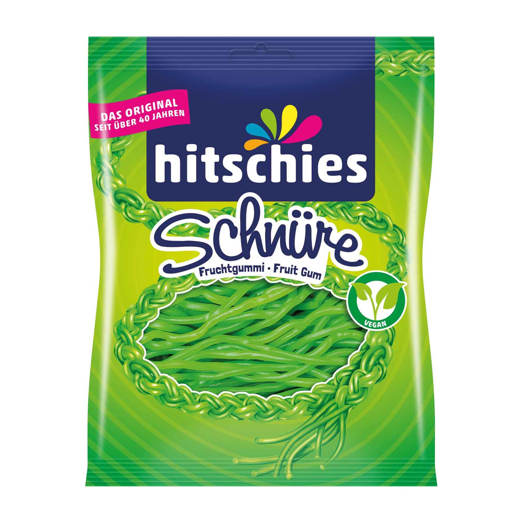 A package of hitschies fruit gummi laces in apple flavor, with a green background and the product visible through a clear window.