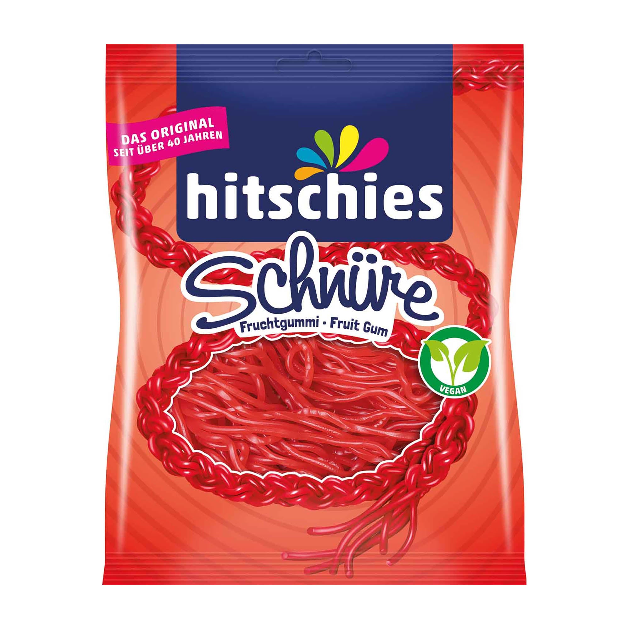A package of hitschies Strawberry Laces fruit gummy, showing the product name and a red lace-like design, indicating strawberry flavor.