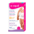 A box of X-Epil premium soft gel wax strips for sensitive skin with a count of 20. The box features an image of a woman's body and the product's branding.